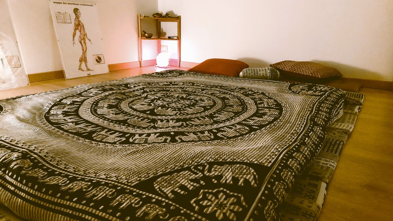 Il futon per lo shiatsu, con la mappa dei meridiani sullo sfondo.